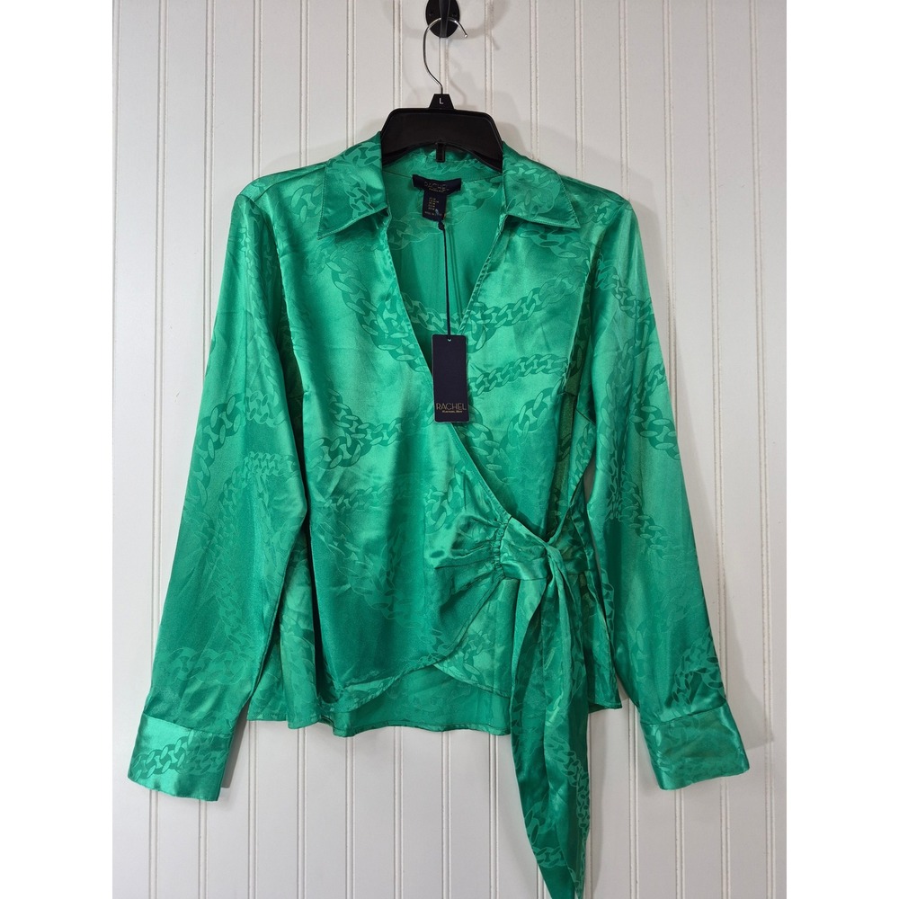 NWT Rachel Rachel Roy Green Satin Chain Link Wrap Top Blouse Size Medium Glam